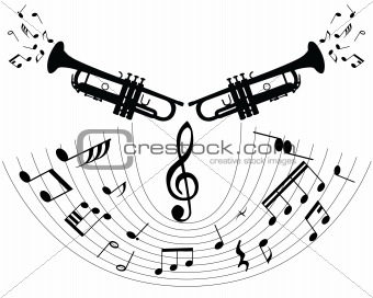 abstract music background with different notes and wind instrument