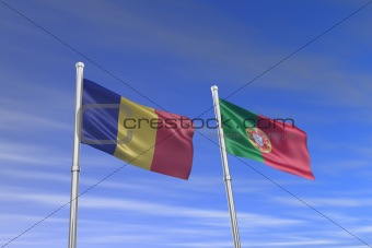 romania and portugal flag in the wind