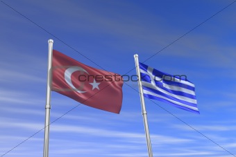 Turkey and Greece flag in the wind