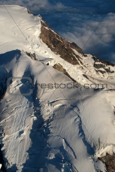 A fly over view of the top of Mount Rainier.