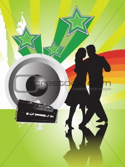 couple of youth dancing and musical rainbow background, illustration