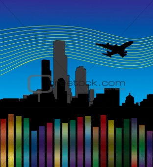 city with airplane and equalizer, volume.