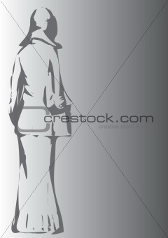 rear view of edwardian woman on grey background