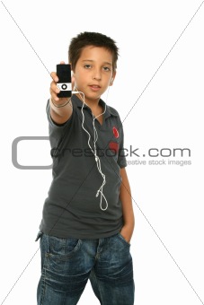 Cool boy listening music with a mp4 player