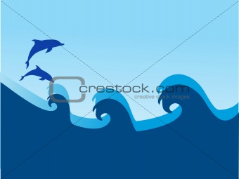dolphin and sea wave on blue background