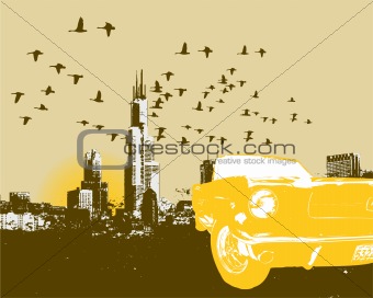 Car and cityscape skyline background