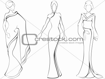 Sketch of women in traditional asian dresses