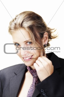 Young beautiful woman wearing suit, flirting