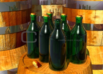 Bottles of Wine on Barrels