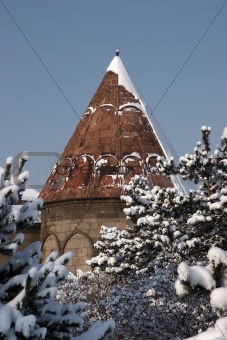 Mosque after a snowfall. Erzurum, Turkey.