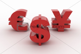 Red Dollar Euro and Yen isolated