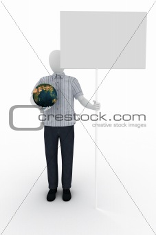 Human holds the world and banner