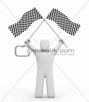 Person and two checker flags