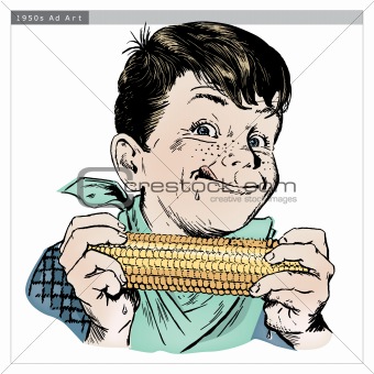 Vintage 1950s Boy Eating Corn