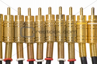 A closeup of a line of gold plated RCA jacks pointing upwards on a white background.