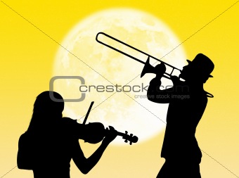 Violin and trumpet players in the moon