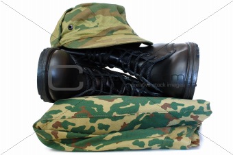Camouflage uniform and two army boots.