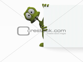 3D cartoon alien with a blank sign