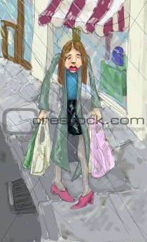 A woman looking fedup shopping in the rain.