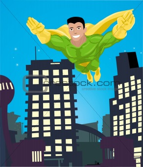 a super hero flying over a city
