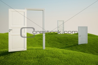 Grass field with doors