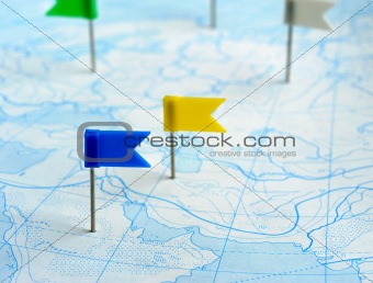 Flag blue and yellow a pin on map