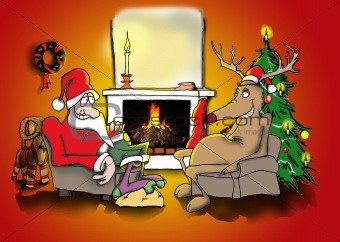 Santa and reindeer by the fire