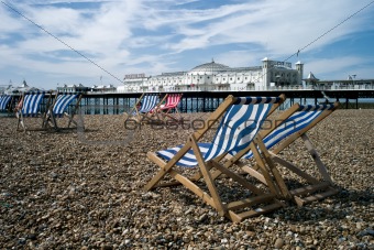 Brighton Pier and beach with deckchairs