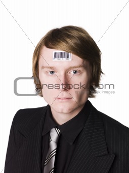 Man with a bar code in his face