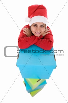 beautiful santa woman with a pile of christmas presents