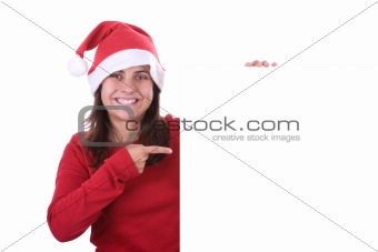 beautiful santa woman holding white frame with copyspace