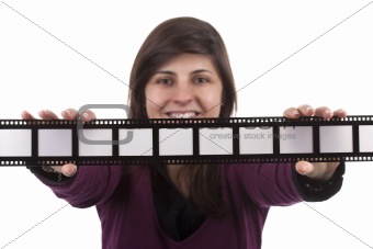 young woman holding film photo frame isolated on white backgroun