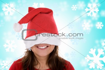 smiling santa woman in red with blue background made of snowflak