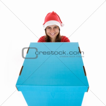 young santa woman holding giant blue present box