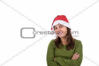 young santa woman in christmas outfit isolated in white backgrou