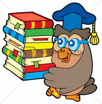 Owl teacher holding pile of books