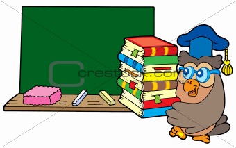 Owl teacher with books and blackboard