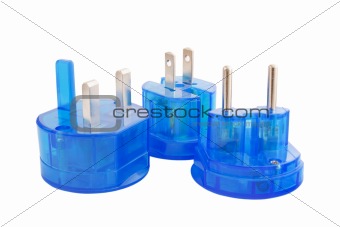 Blue transparent international plugs isolated on white background