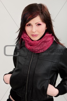 Brunette girl in leather jacket