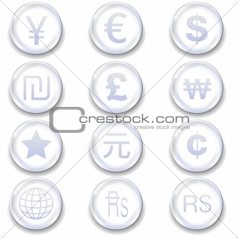 World currency symbols on glass orb buttons