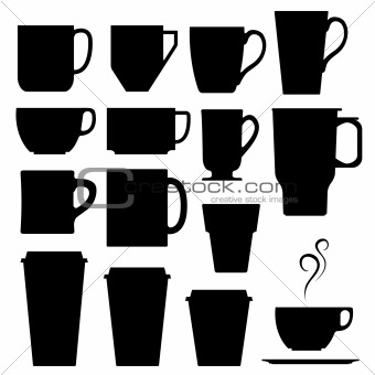 Coffee and tea cups in vector silhouette