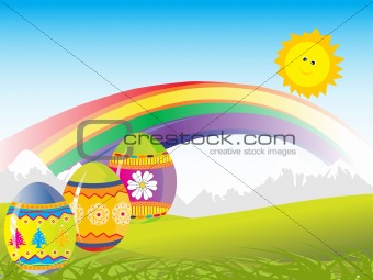 three coloured eggs with nature background