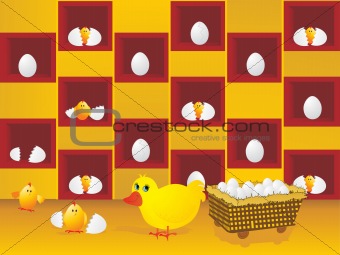 vector illustration of hen with eggs and new born chick