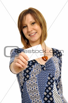 Woman with business card.