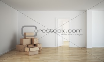 Empty room with cardboard boxes
