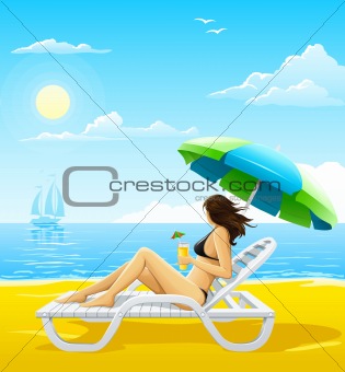 girl relaxing on the sea beach deck-chair