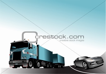 Car and truck on the road. Vector illustration