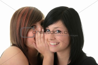 Two happy young girlfriends talking over white
