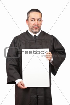 Serious judge holding the blank card