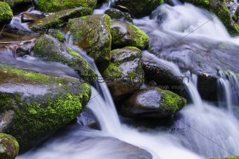 water flowing through mossy rocks